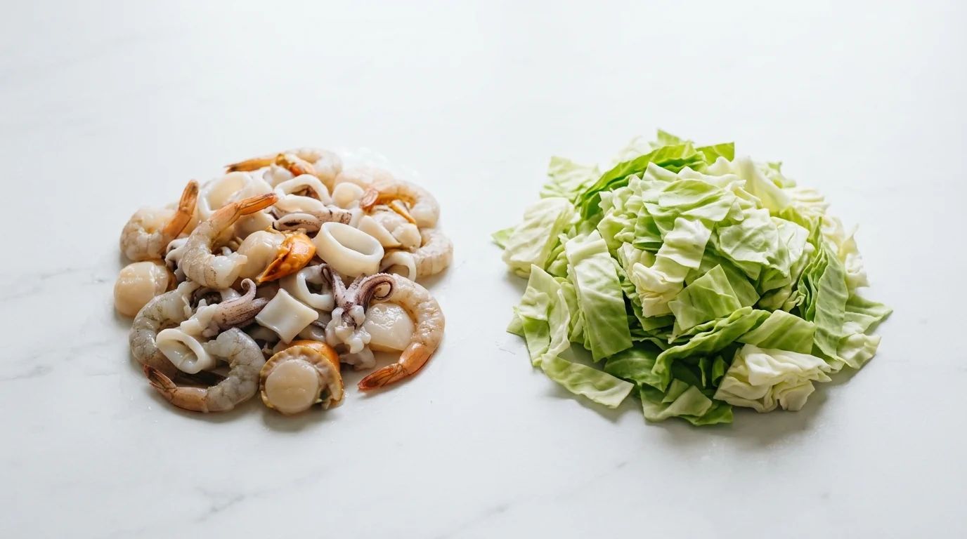 秋のもんじゃで続ける、キャベツとシーフードの食卓